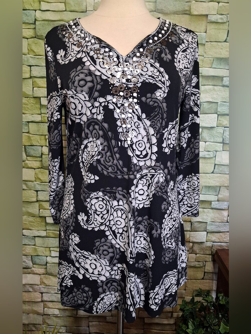 Style & Co. Black White Beaded Paisley Tunic